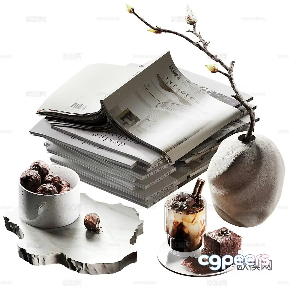 Coffee Cake Pastry Books Coffee Pot Dried Branch 3D Model