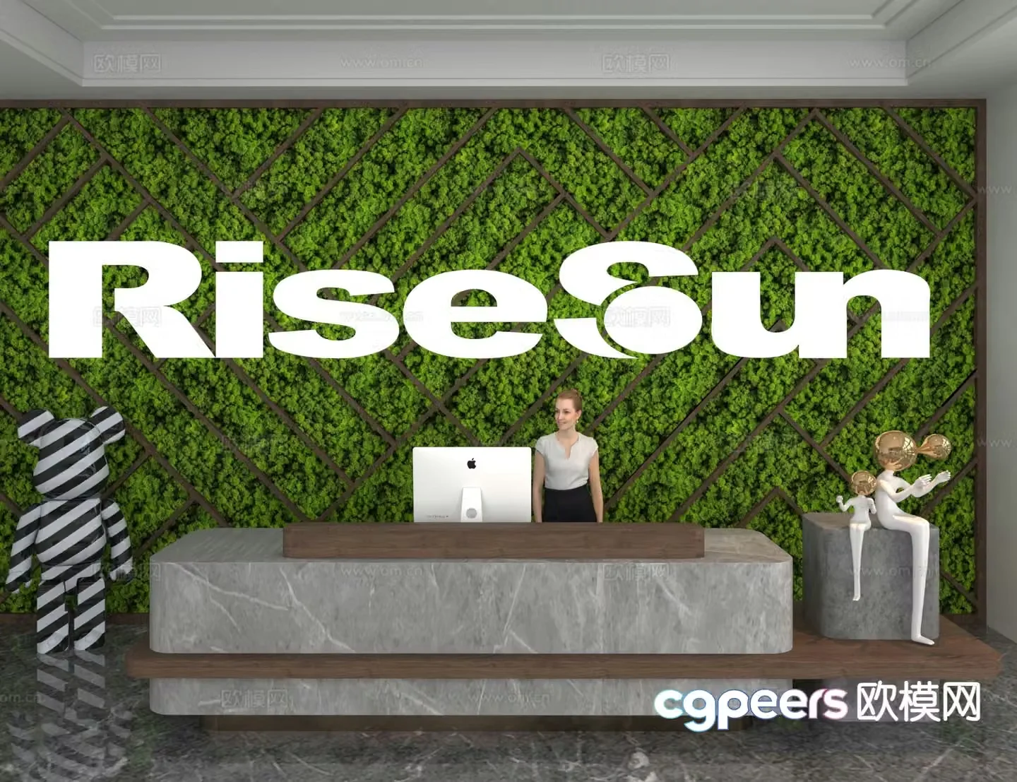 Modern front desk reception desk information desk plant wall 3d model