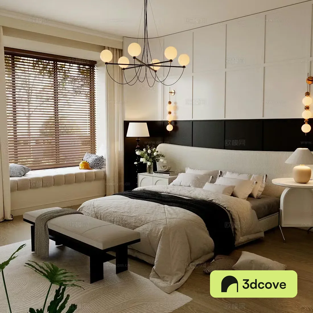 Medium retro home bedroom Medium style bedroom Leather double bed French retro bedroom Second bedroom 3D model