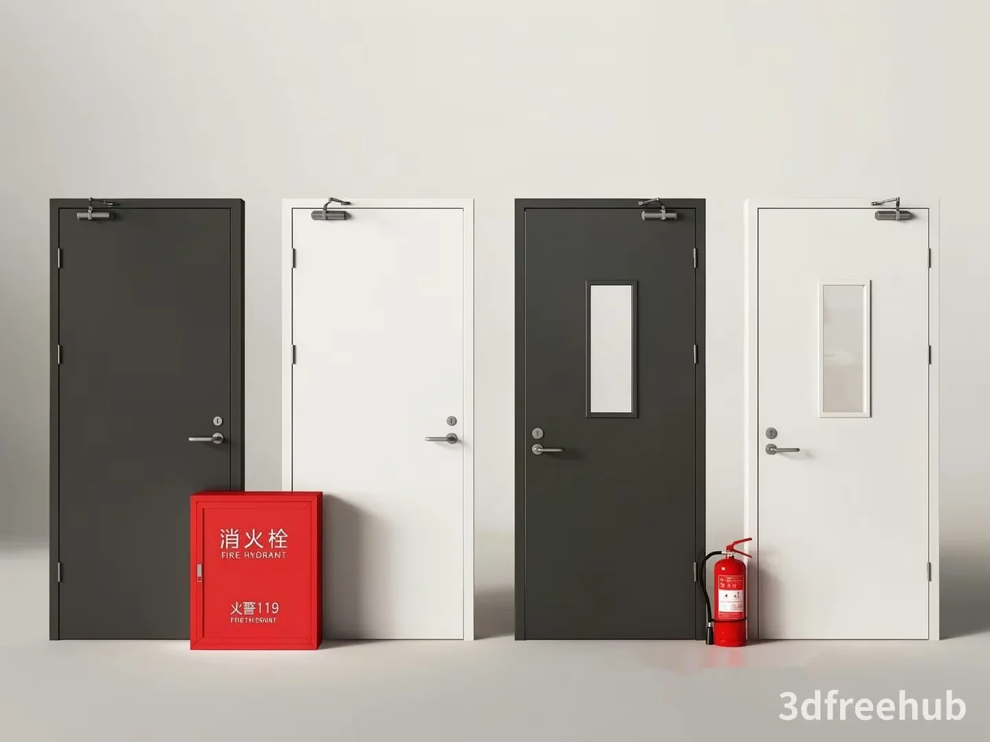 Four Doors And A Fire Hydrant 3D Model – 21227 – VRAY Render