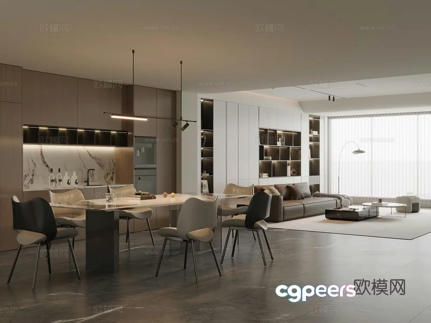 Modern Italian dining room marble dining table and chairs sideboard wine cabinet leather sofa coffee table combination 3D model