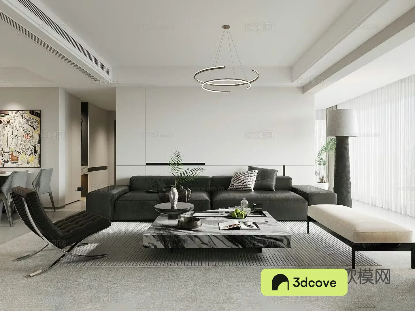 Modern minimalist home living room black white and gray living room sofa coffee table combination leather black sofa