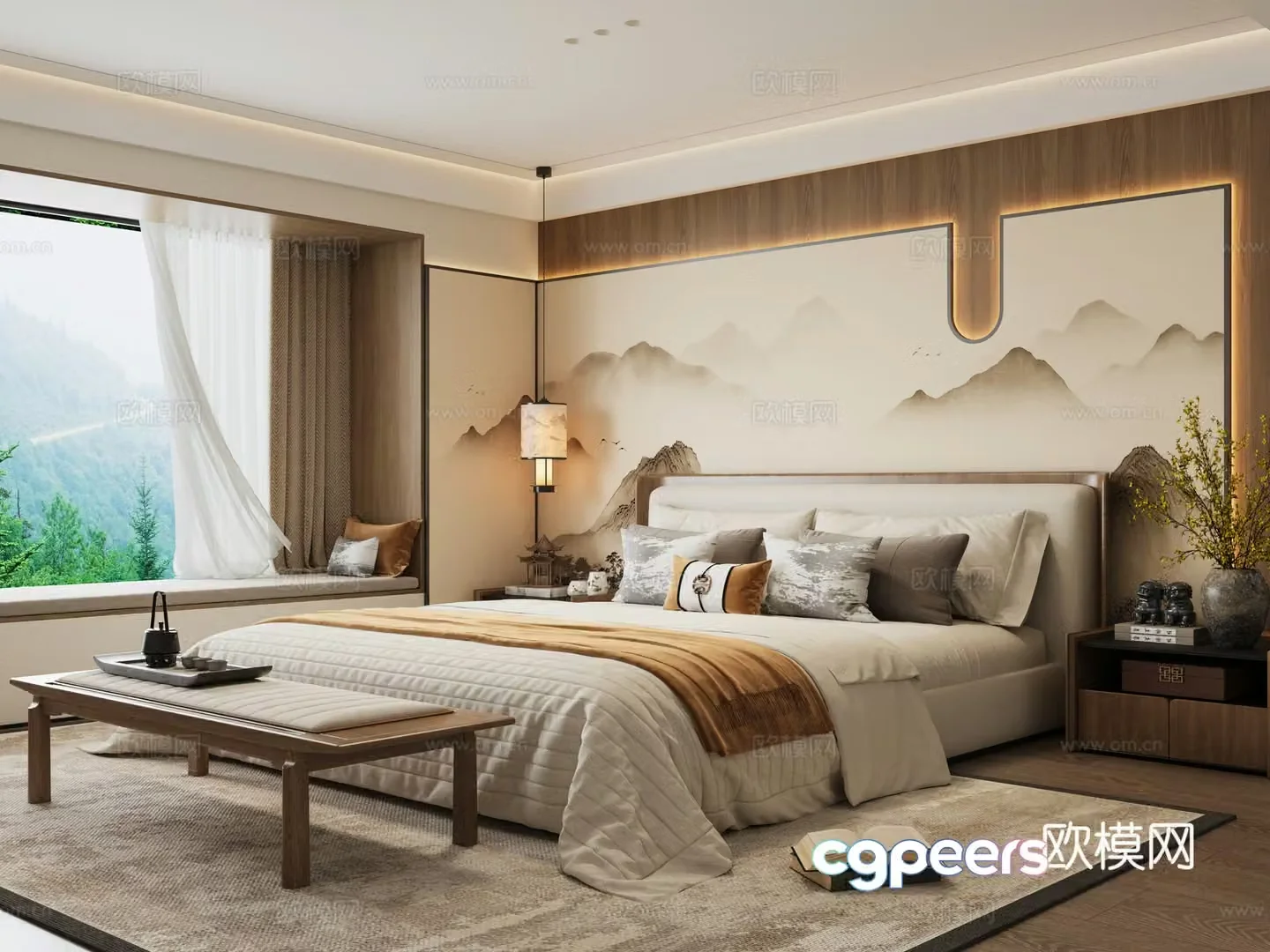 New Chinese style double bed 3d model