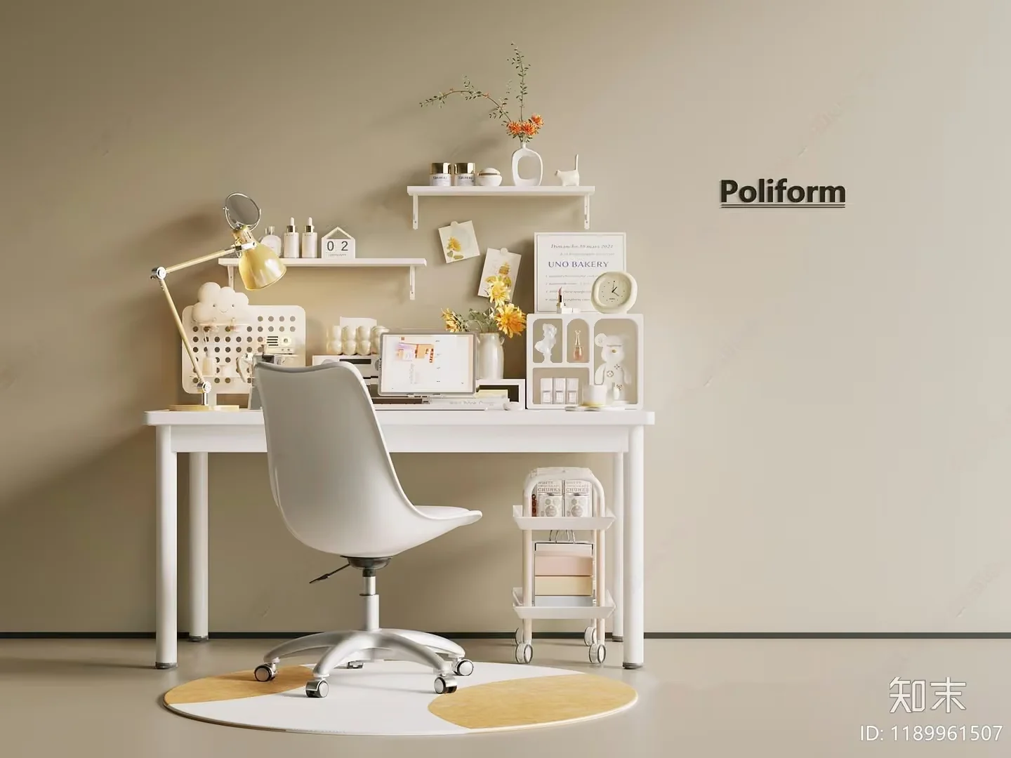 A White Desk With A White Chair 3D Model – 11560 – VRAY Render
