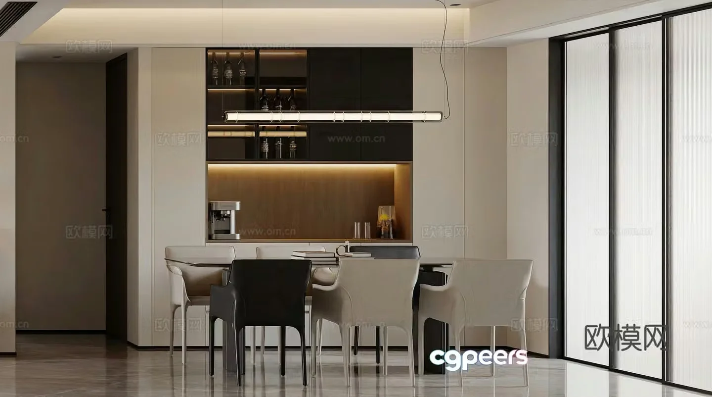 Modern restaurant Wine cabinet Light luxury restaurant Modern living restaurant Simple chandelier dining table 3D model