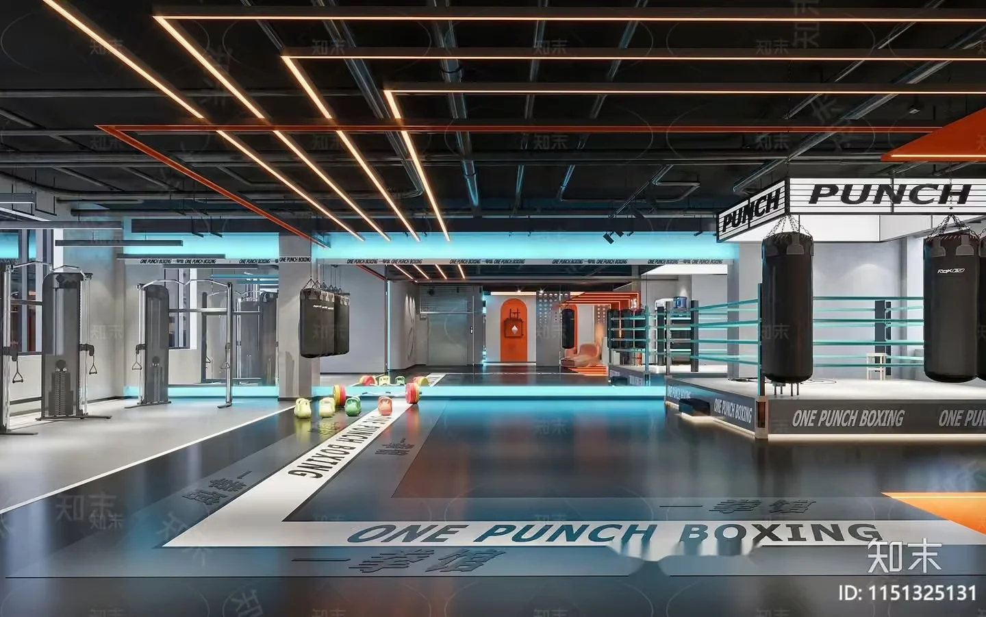 A Large Room With A Boxing Ring And Punching Bags 3D Model – 20707 – VRAY Render