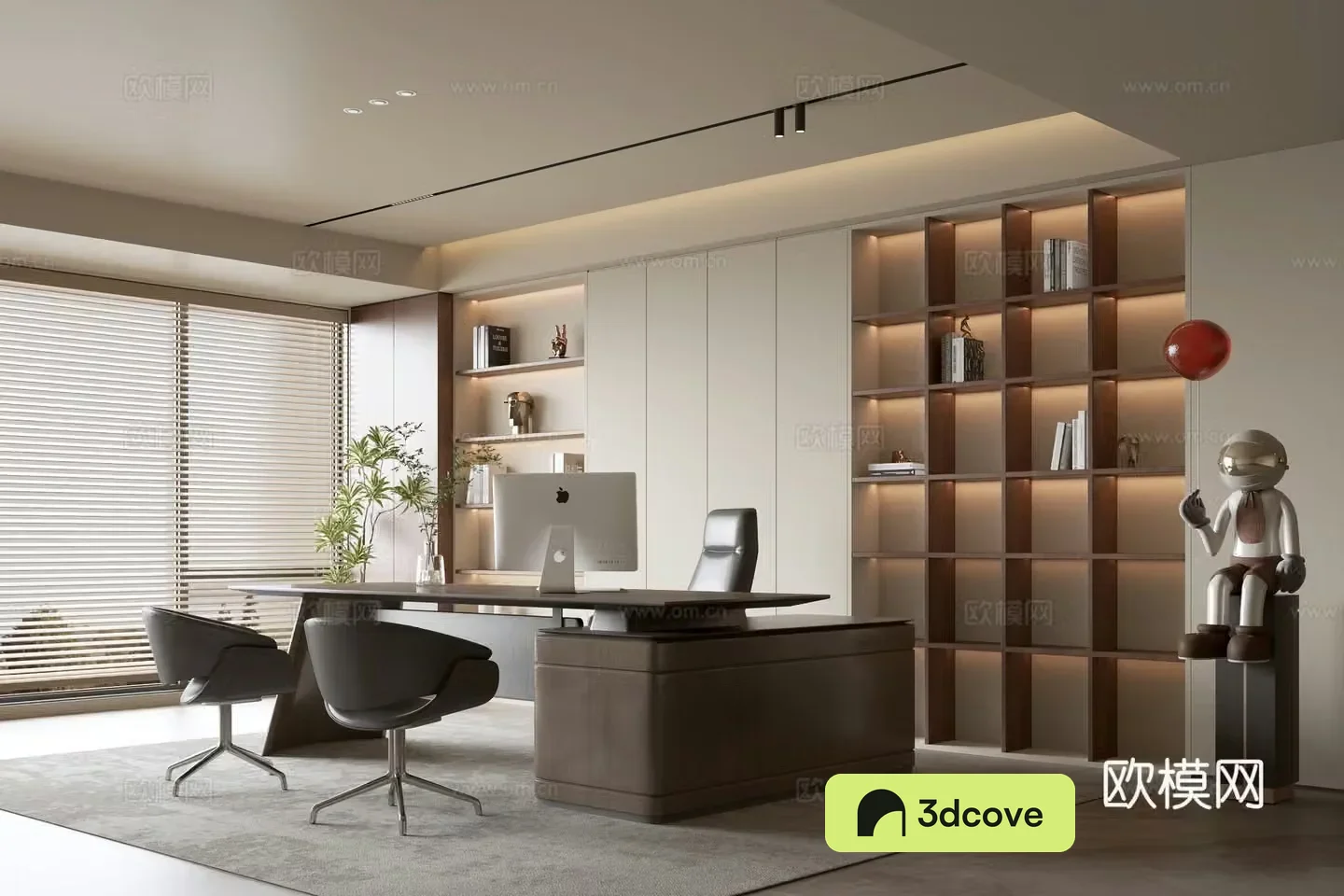 Middle style office background wall bookcase office bookcase bookcase background wall solid wood desk 3d model