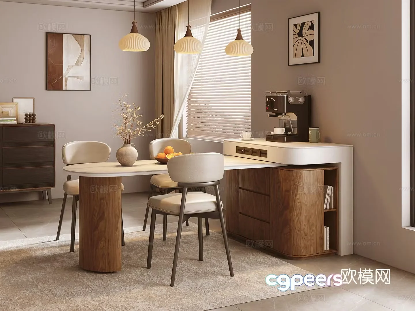 Middle-aged island table dining table and chair 3D model