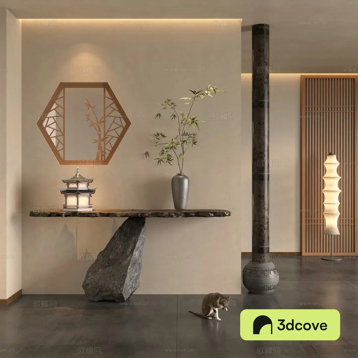 New Chinese style partition entrance partition stone end viewing platform column lattice
