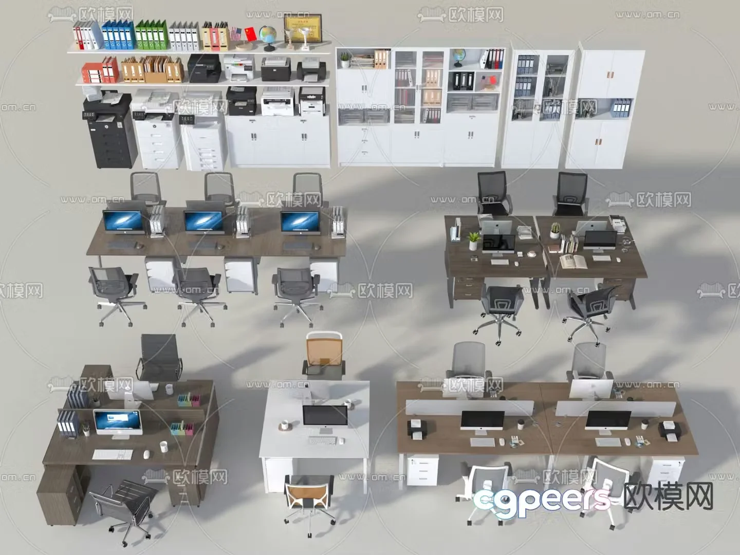Card space desk staff table office desk and chair filing cabinet printer 3D model