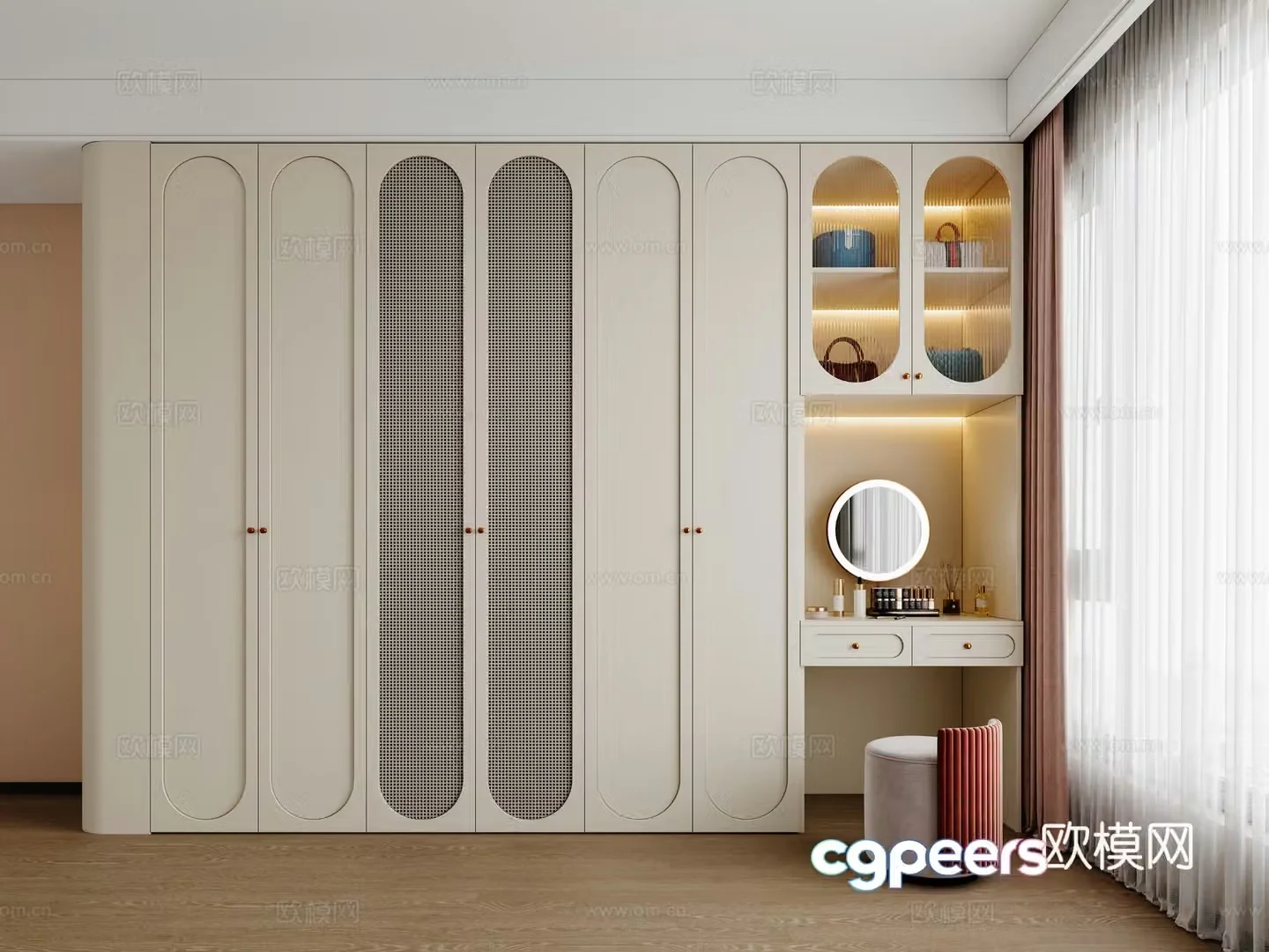 Modern cream wardrobe Master bedroom wardrobe Bedroom wardrobe Glass wardrobe Wardrobe Dressing table integrated cabinet 3D model