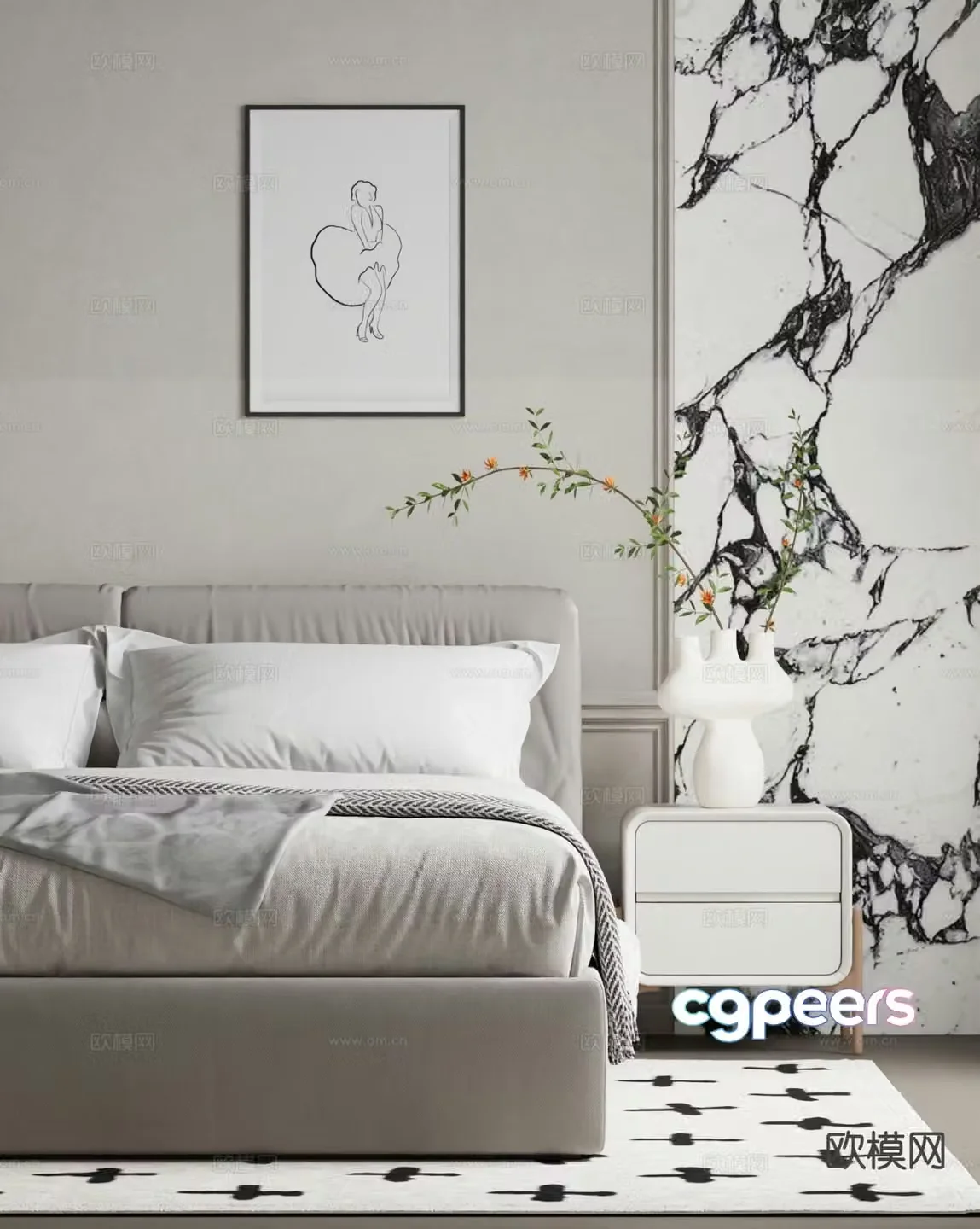 Modern bedside table realistic bedding 3d model