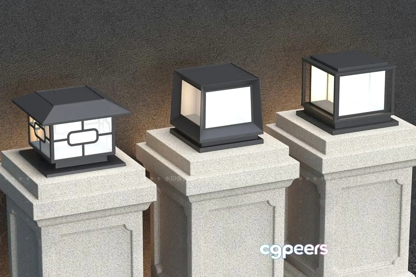 Three Stone Pedestals With Black And White Lanterns 3D Model – 5611 – VRAY Render
