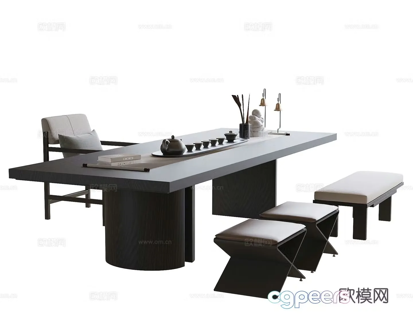 Modern tea table and chair stool tea chair 3d model