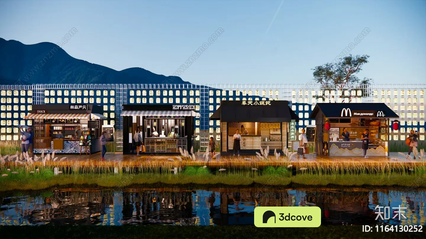 The Main Subject Is A Food Court With Various Restaurants And A Body Of Water