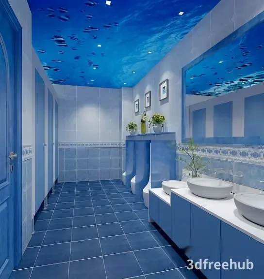 A Bathroom With A Blue And White Color Scheme 3D Model – 21993 – VRAY Render