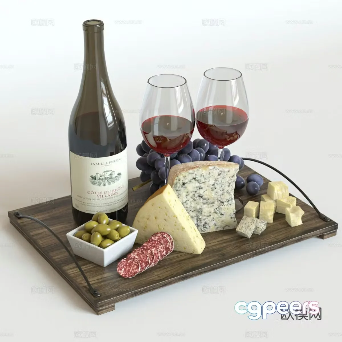 Wine and food fruit bread sausage grape 3d model