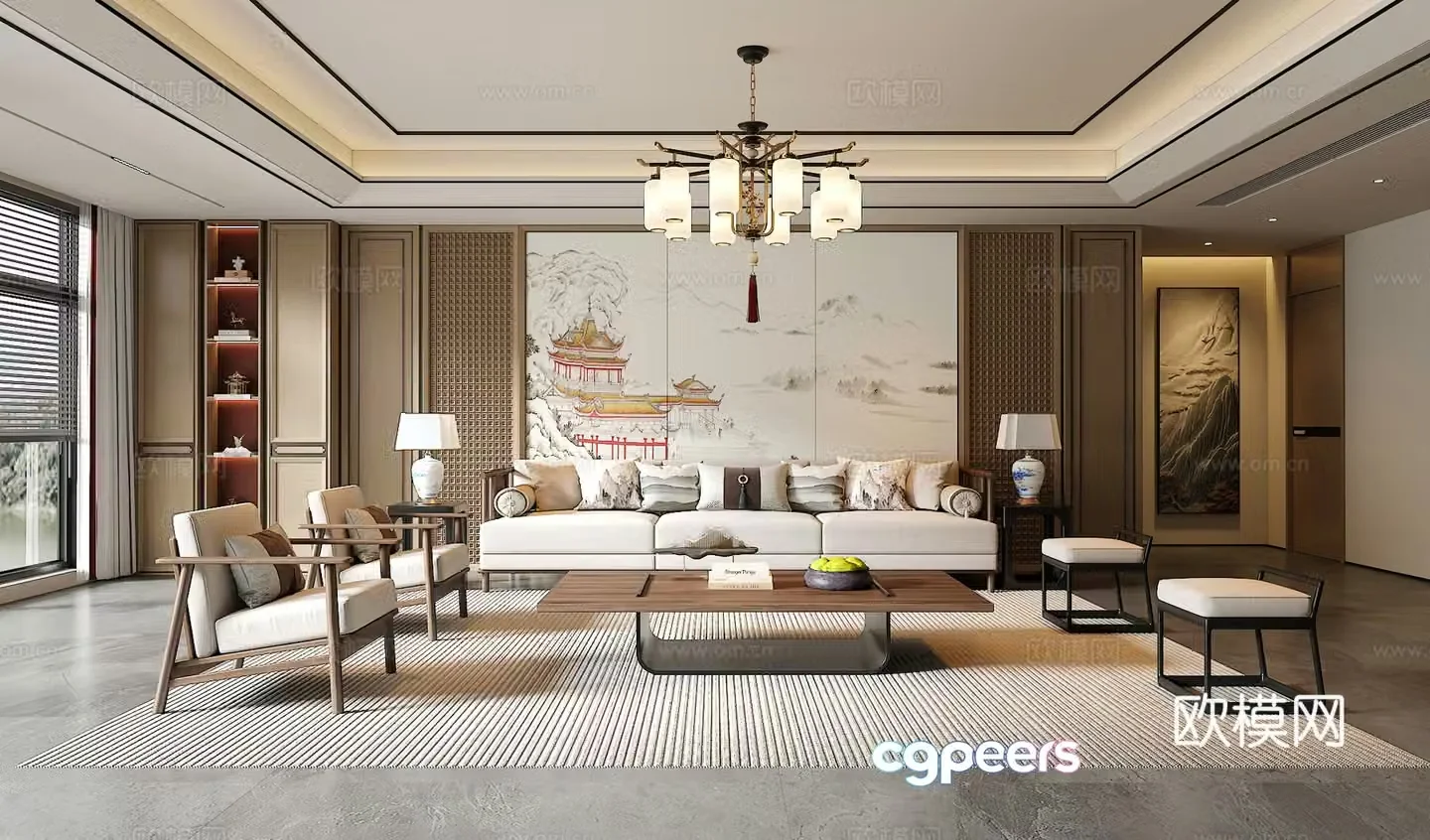 New Chinese living room sofa and coffee table combination green plants accessories desk lamp background wall 3D model