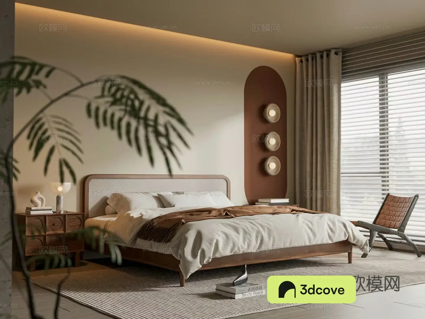 Middle-aged bedroom leisure chair double bed nightstand 3d model