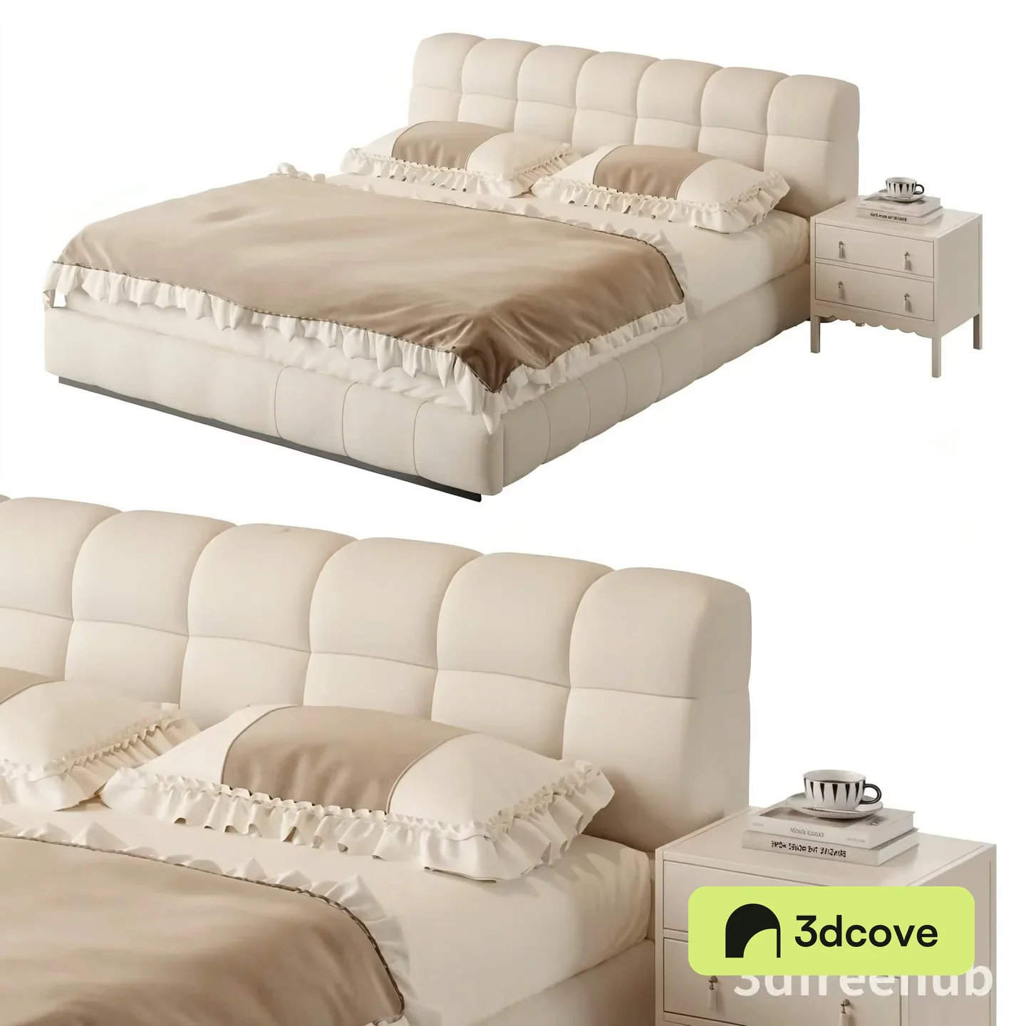 A 3D Rendering Of A Bed And Nightstand