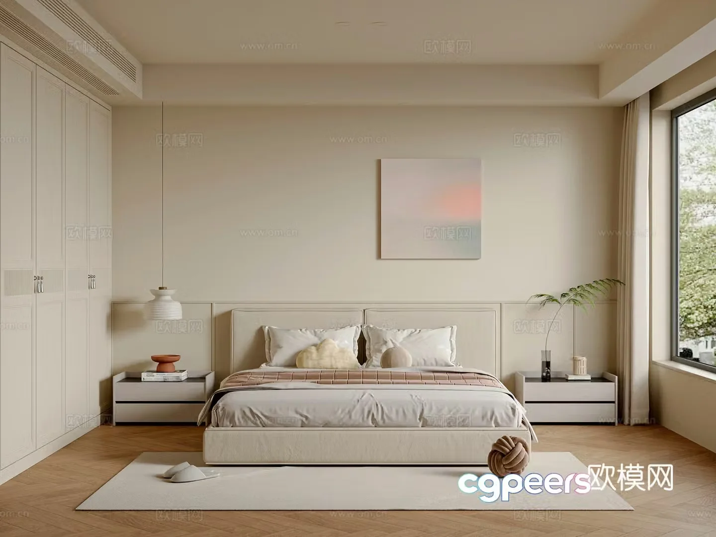 Modern creamy bedroom master bedroom double bed wardrobe dressing table hanging painting 3d model