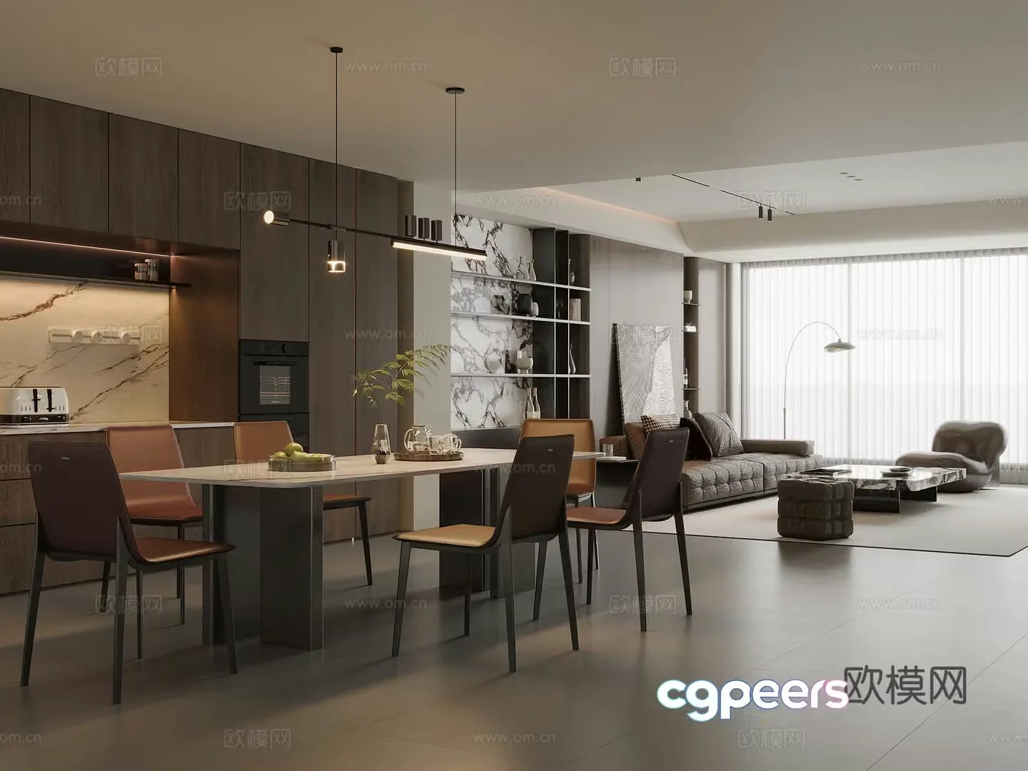 Modern Italian dining room marble dining table and chairs sideboard wine cabinet leather sofa coffee table combination 3D model