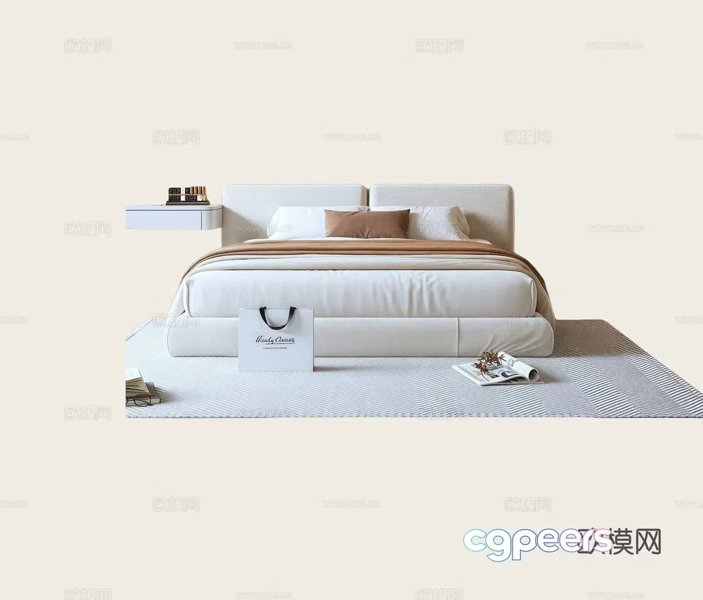 Modern minimalist double bed bedroom bed fabric bed 3d model