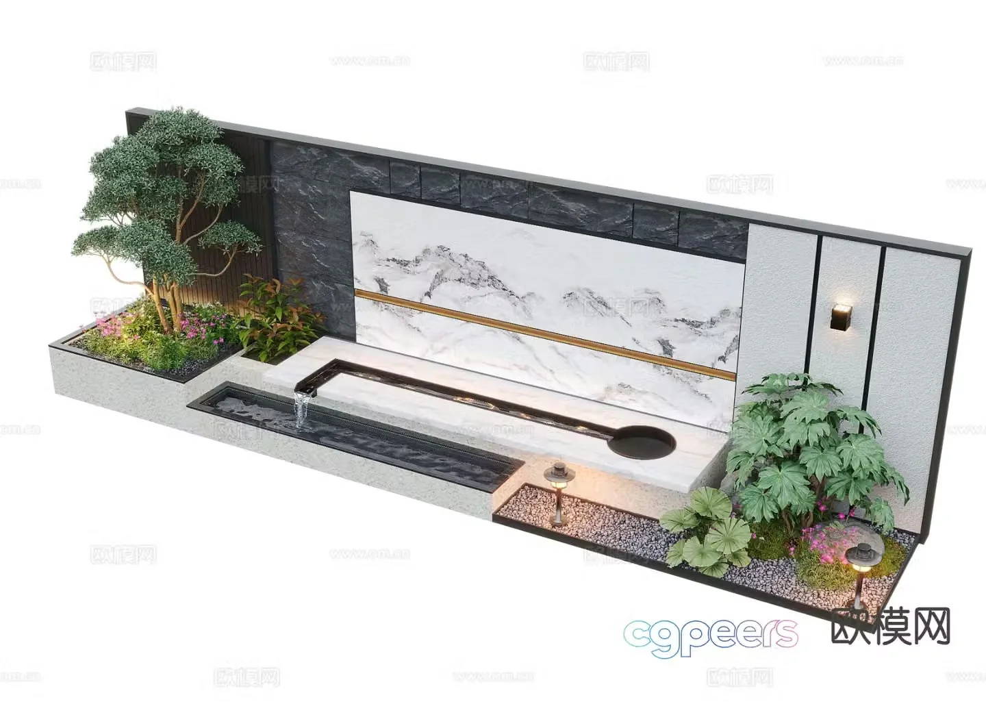 New Chinese style fountain water feature wall falling water wall 3D model