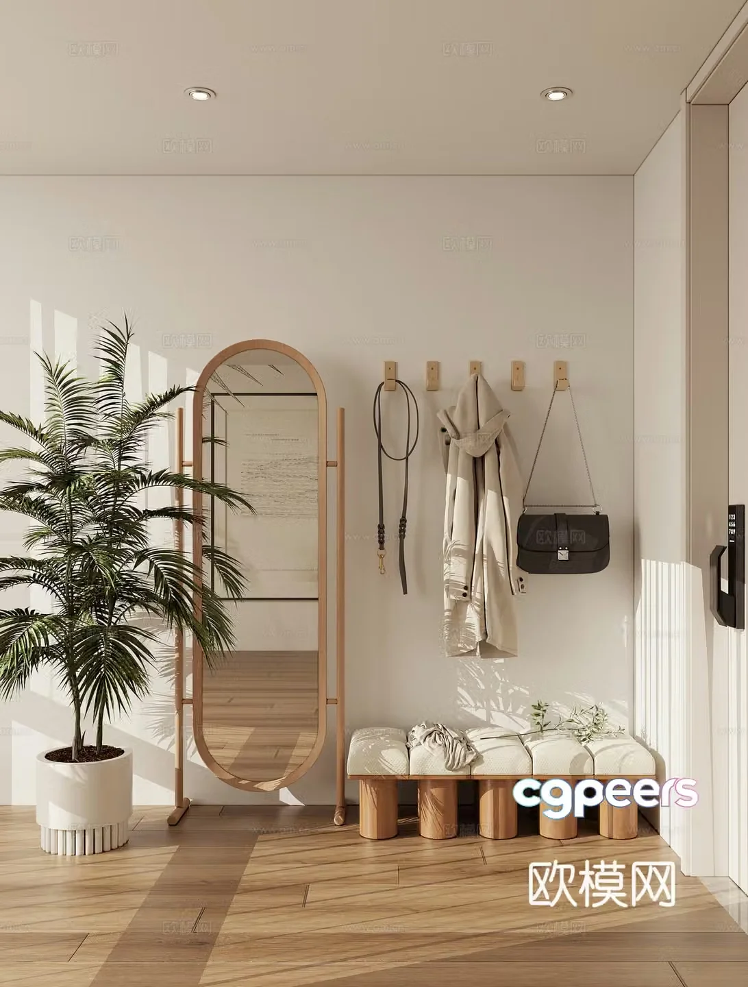 Full-length mirror clothes rail shoe changing stool 3D model