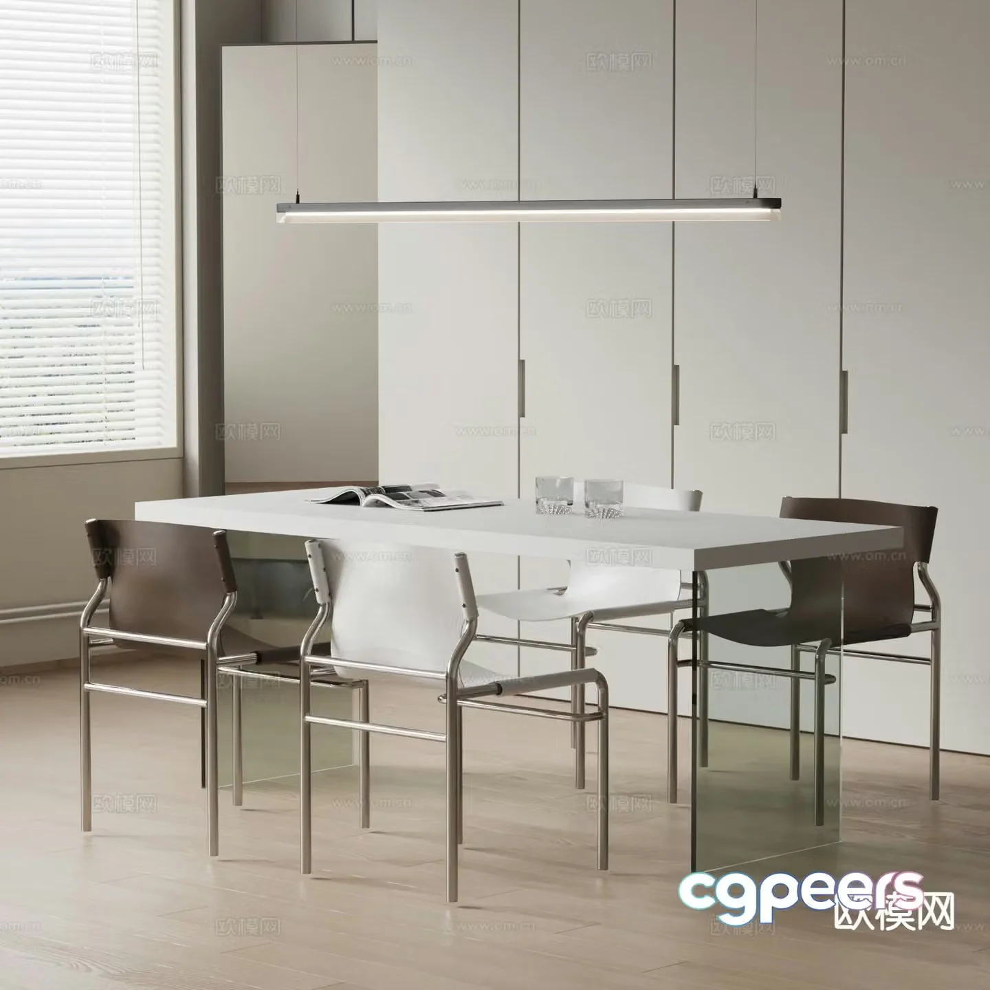Modern long dining table and chairs 3d model