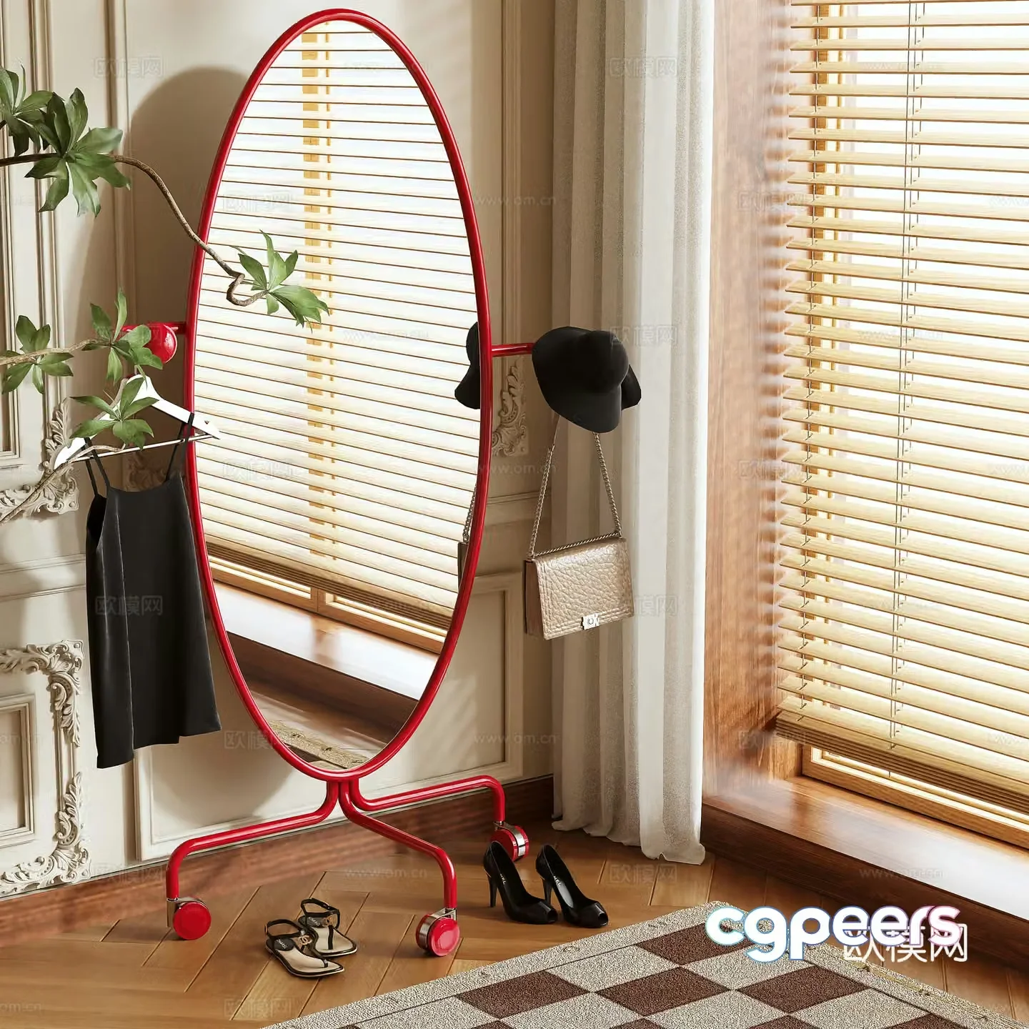 Modern elliptical mirror dressing mirror movable mirror 3d model