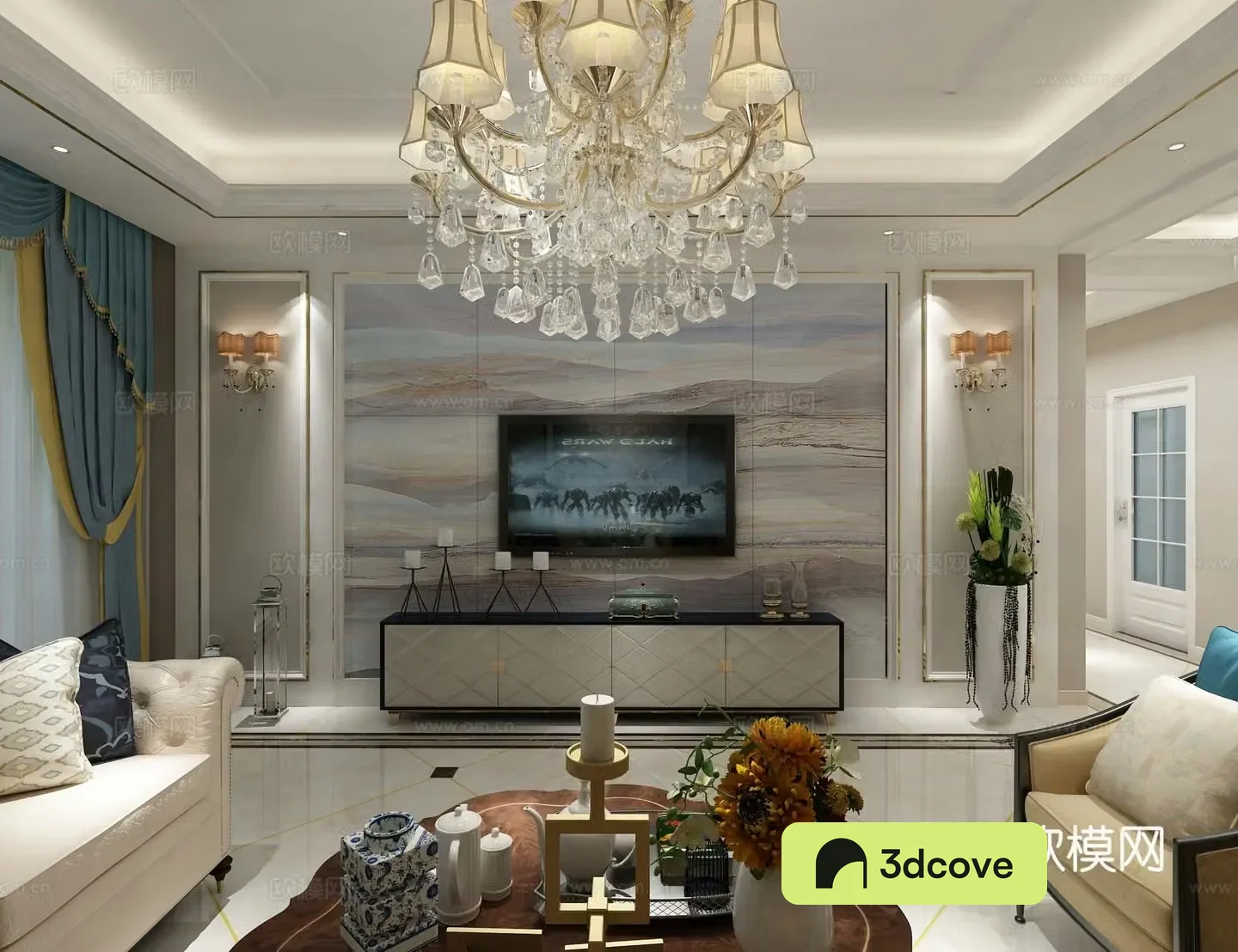 European style living and dining room crystal lamp chandelier TV cabinet sofa coffee table dining table