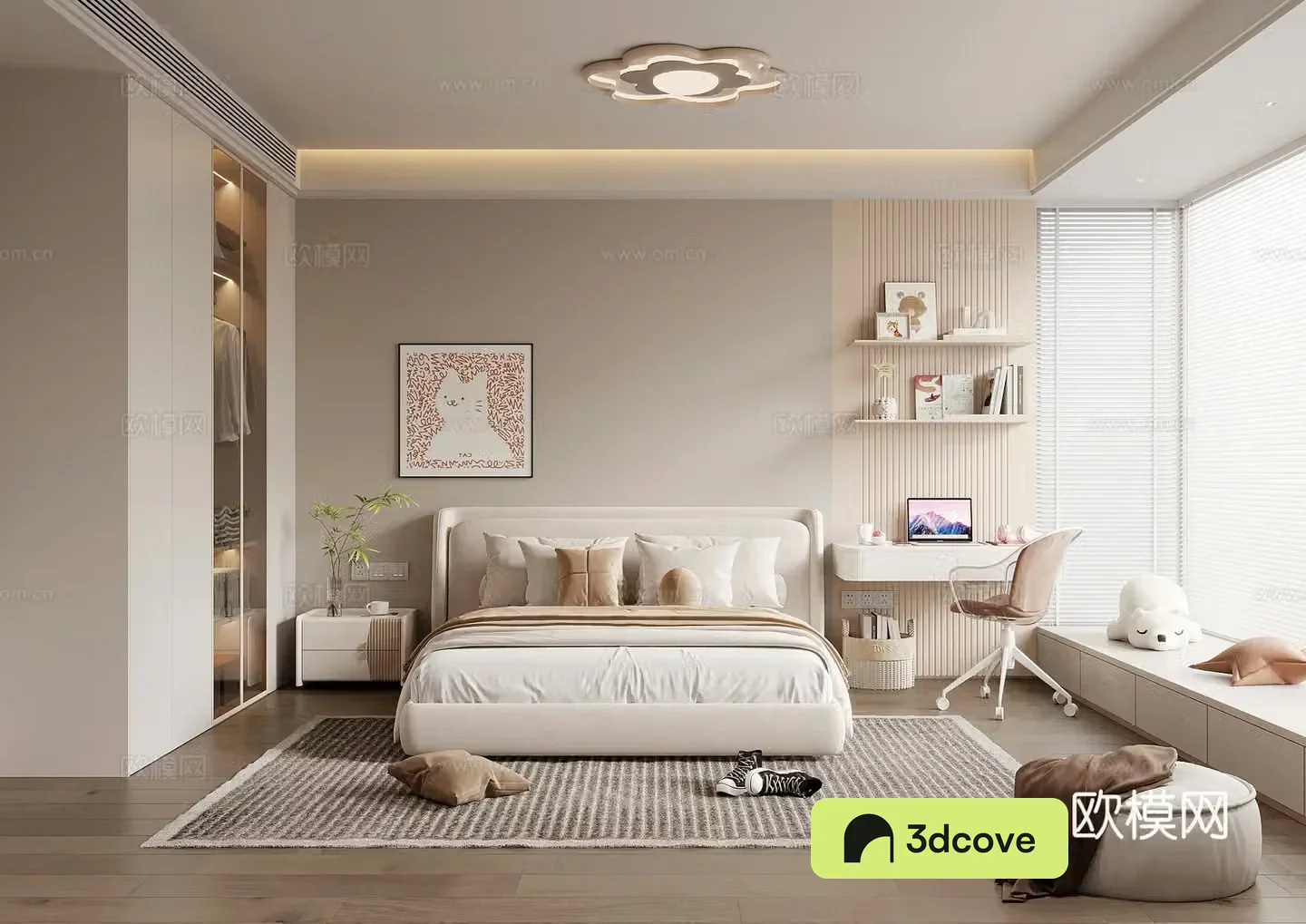 Modern bedroom Children’s room Double bed Bedside table Desk and chair Wardrobe