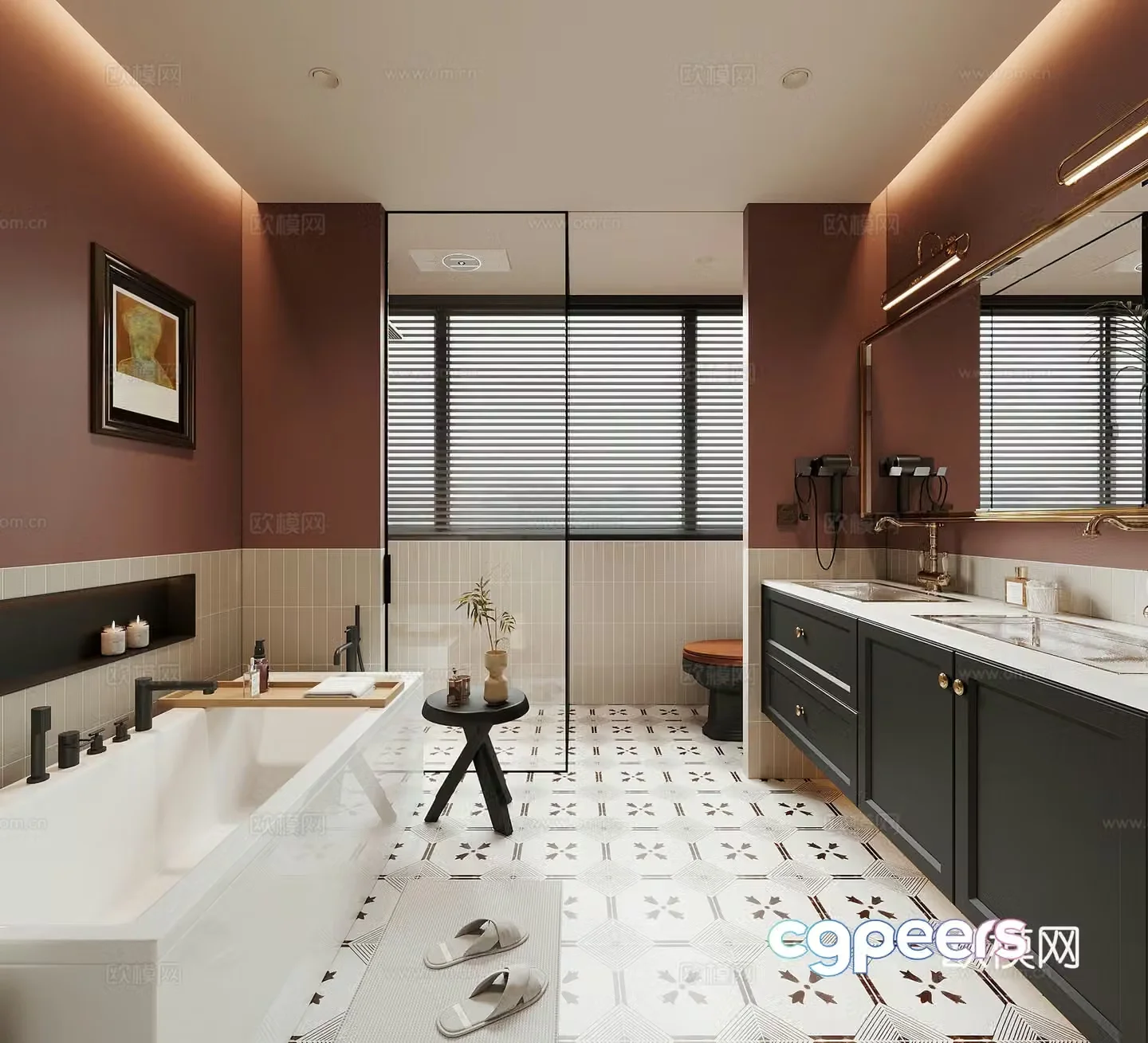 French retro style bathroom bathroom cabinet bathtub toilet 3d model