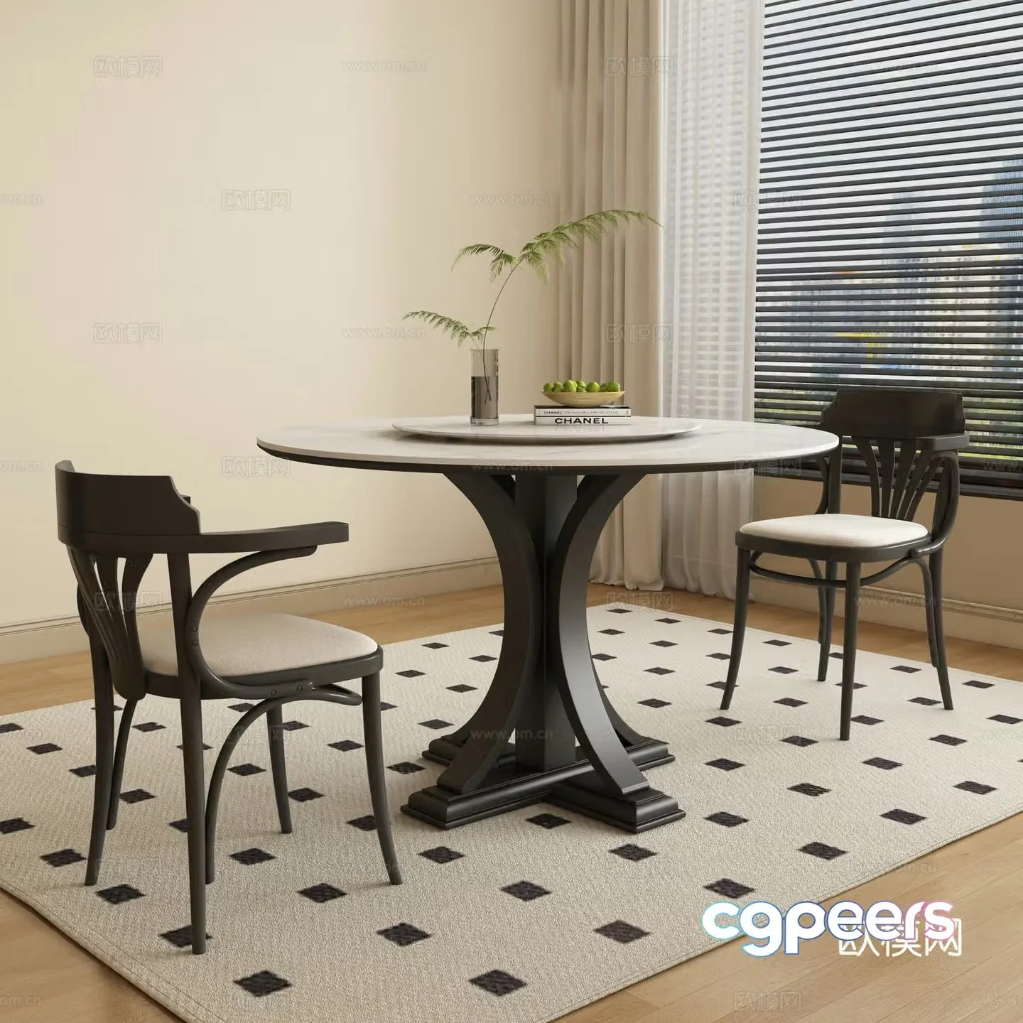 French round dining table and chair 3d model