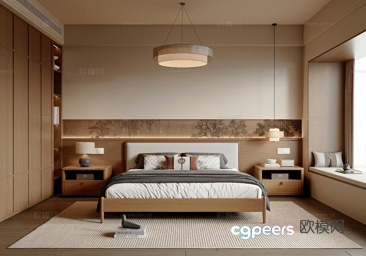 New Chinese style Chinese bedroom double bed wardrobe hanging painting new Chinese style chandelier 3D model