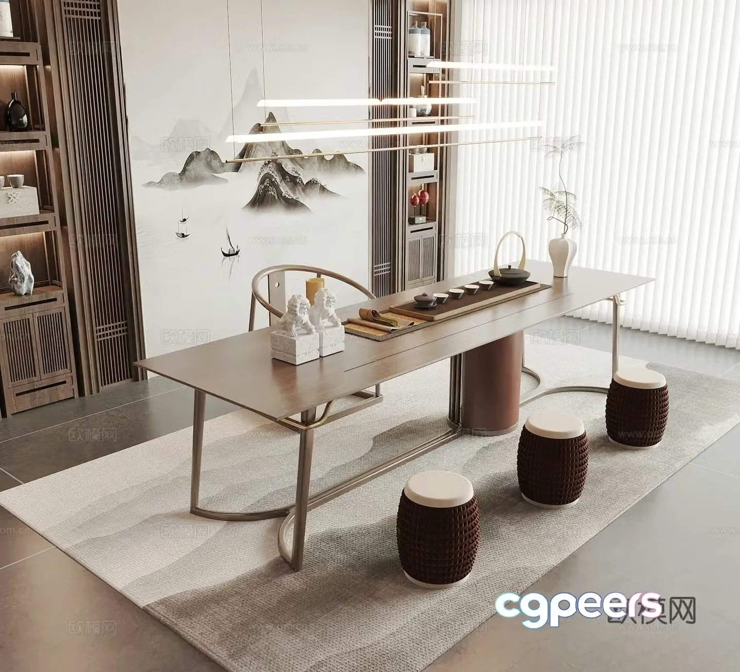 New Chinese style tea table and chairs tea sets tea room tea cabinet chandeliers dream curtains 3D model