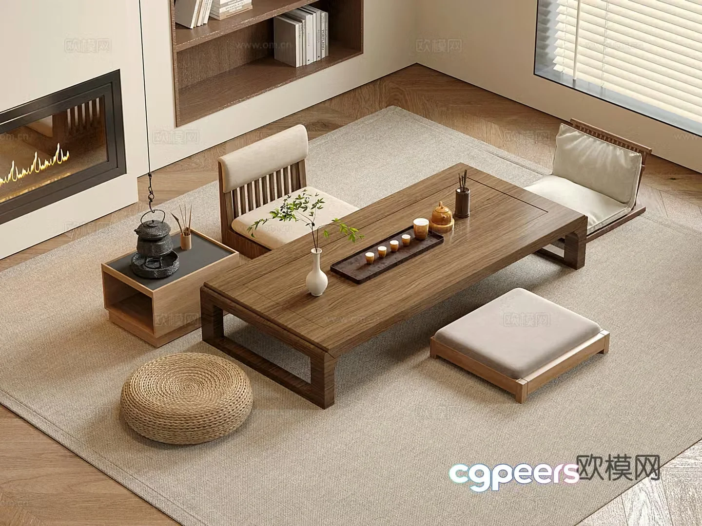 New Chinese-style tea table and chair futon rice cushion 3D model