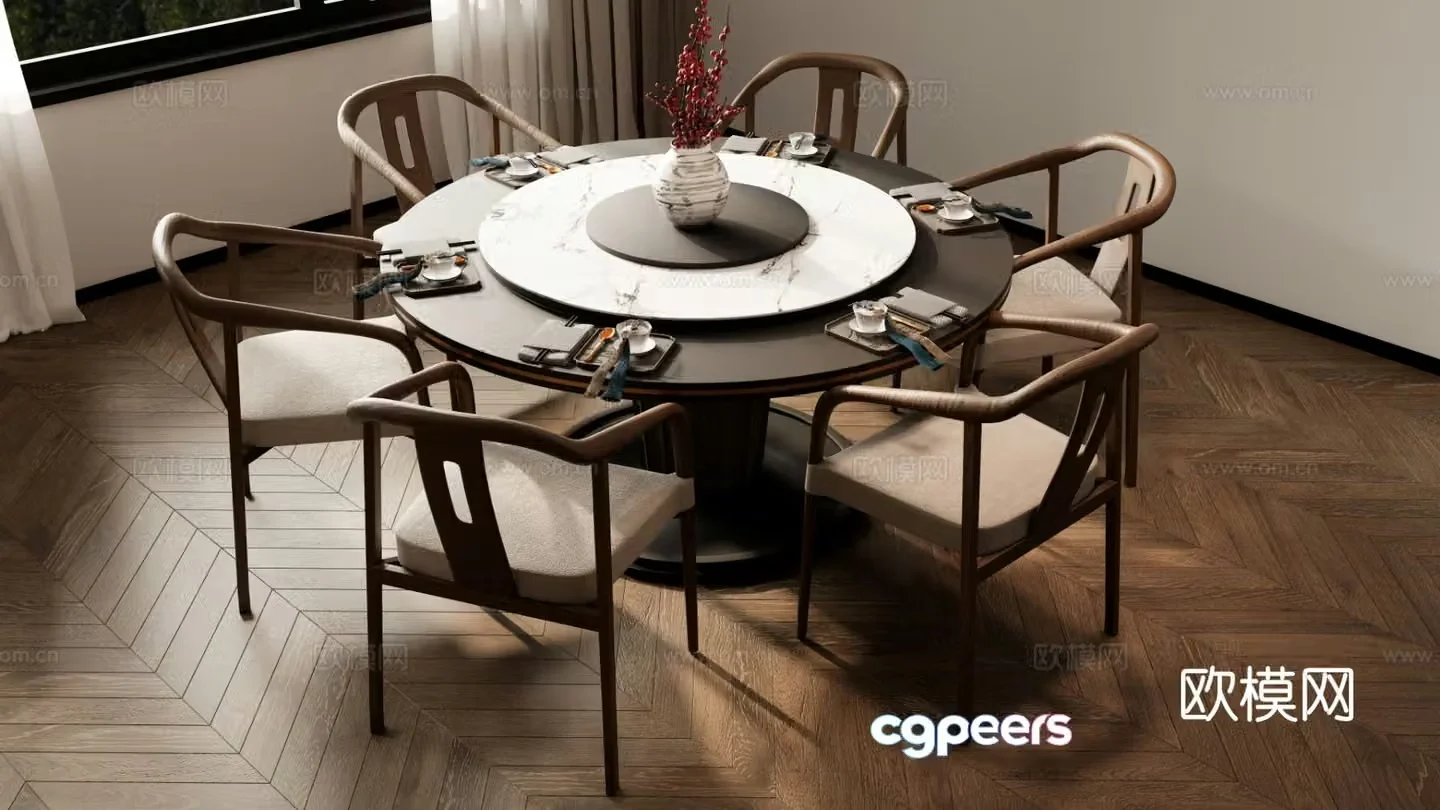 New Chinese style dining table and chairs round table 3d model