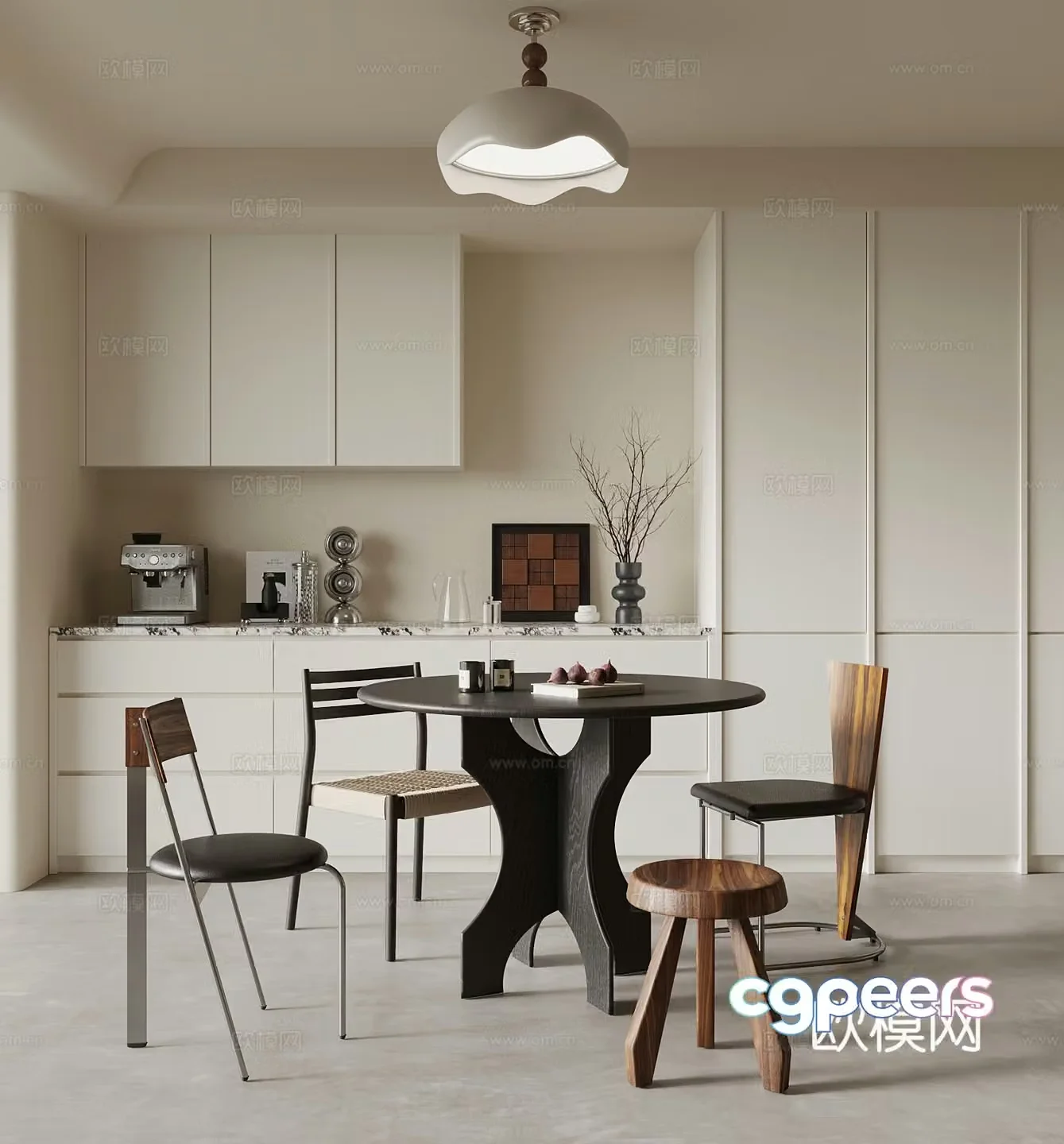 Middle-aged restaurant dining table and chairs wine cabinet 3d model