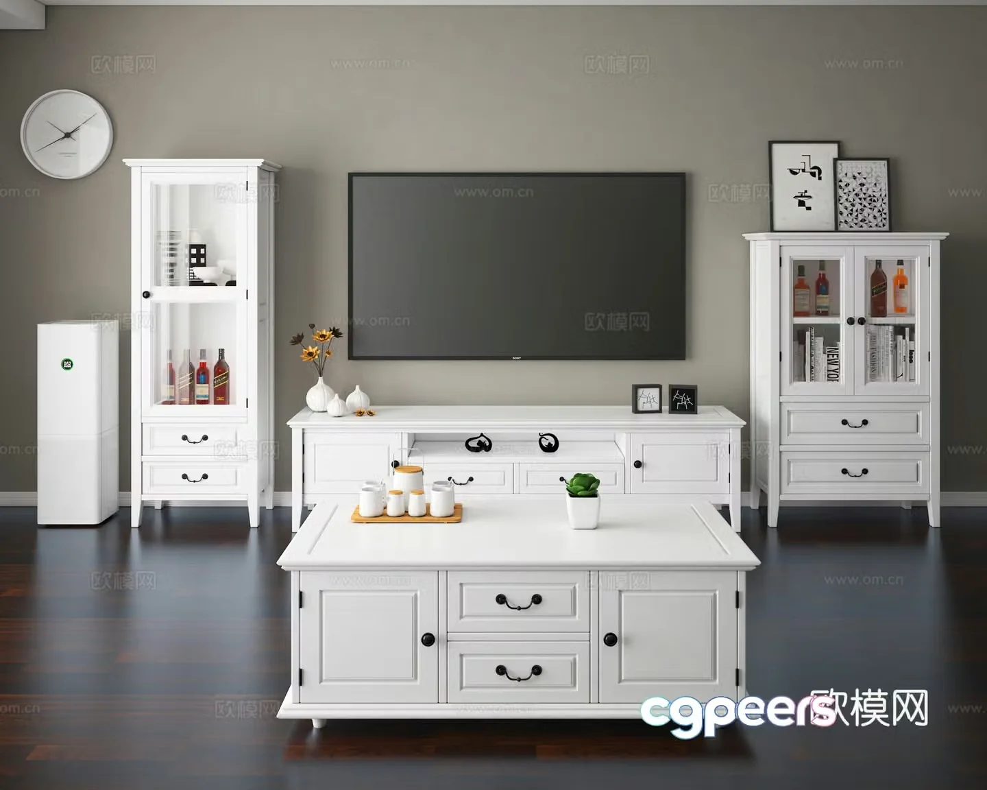 American solid wood TV cabinet side cabinet bookcase coffee table combination living room decoration furniture home 3D model