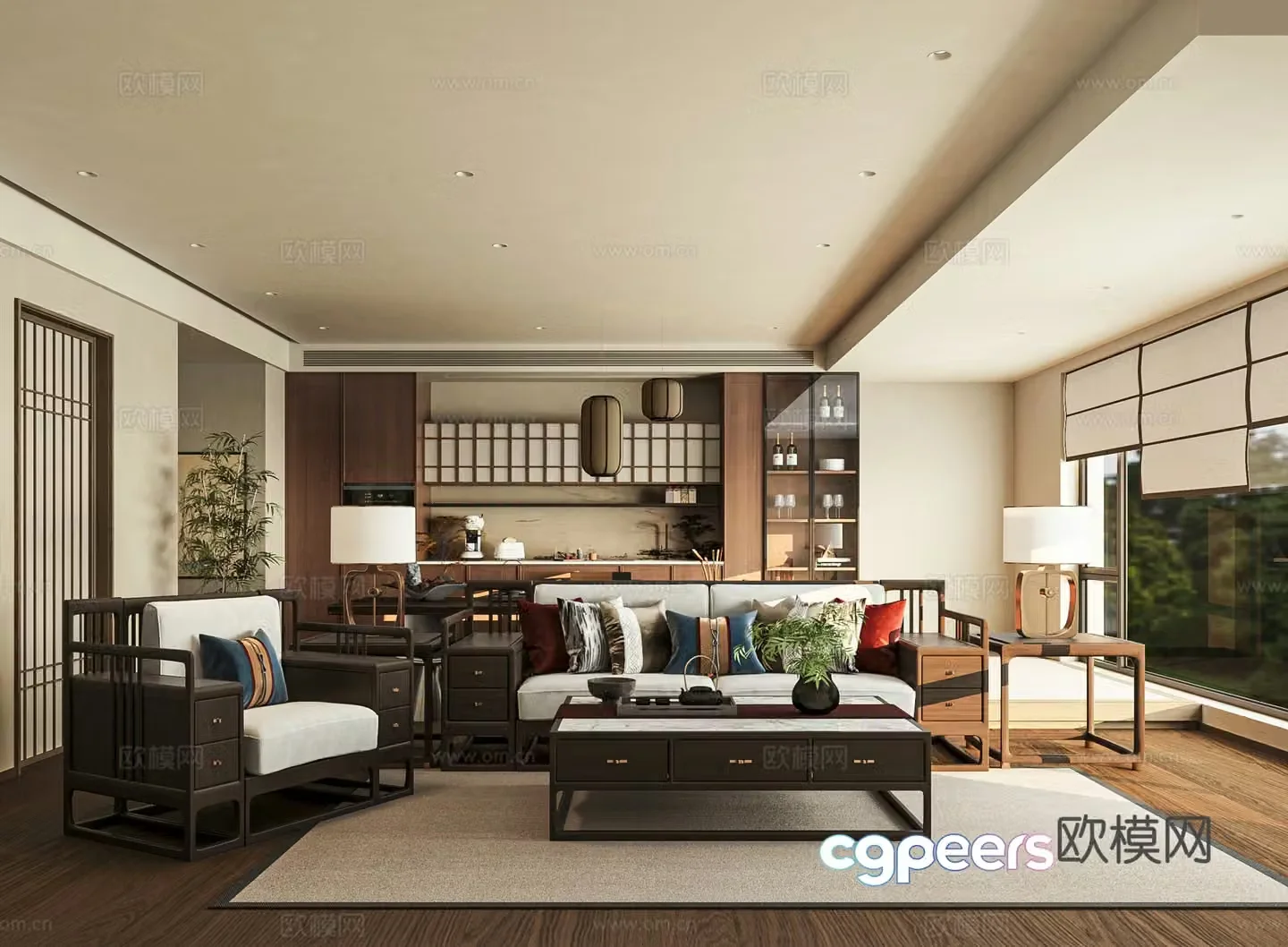 New Chinese style large flat floor horizontal hall living and dining room 3D model