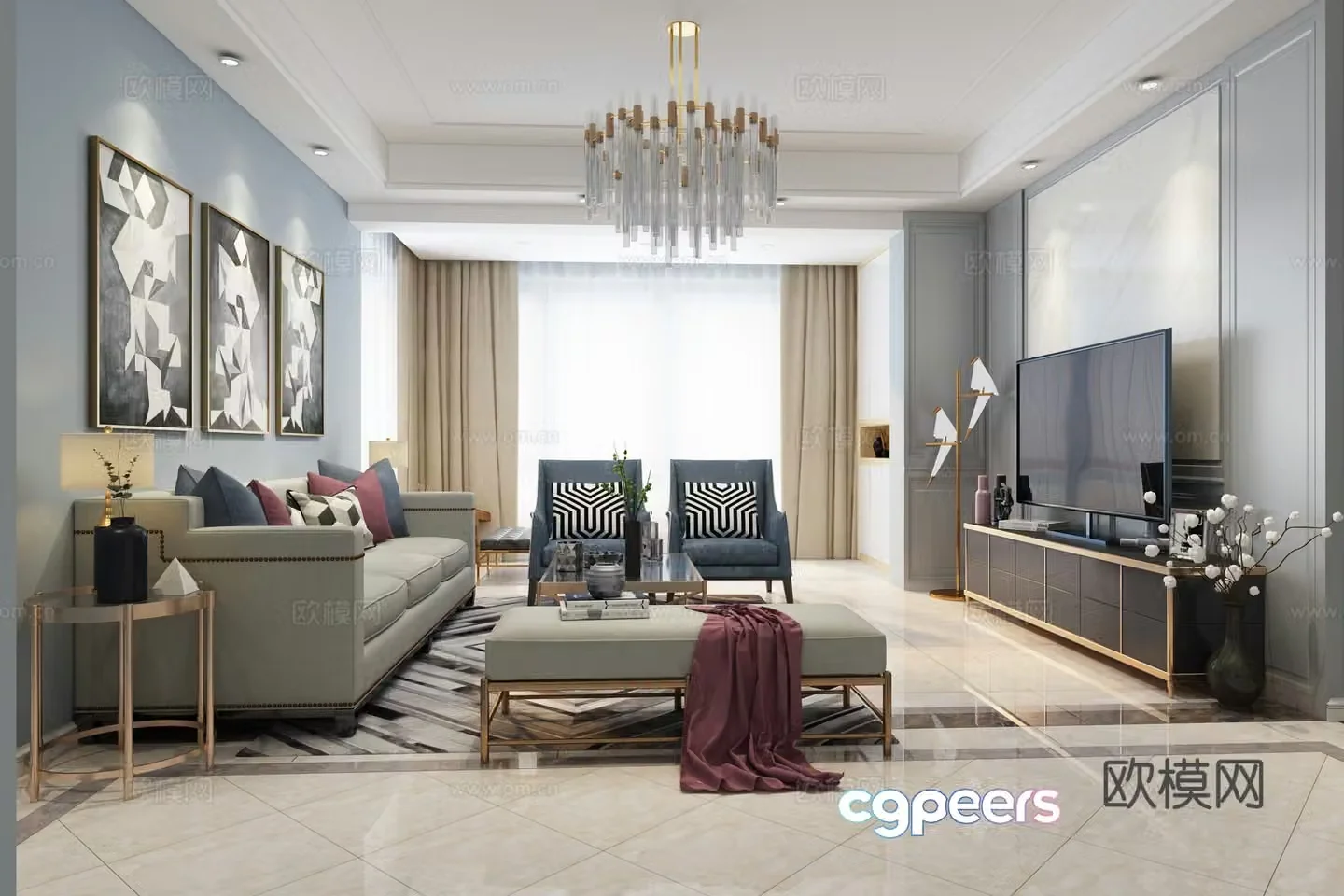Modern living and dining room wine cabinet chandeliers 3d model