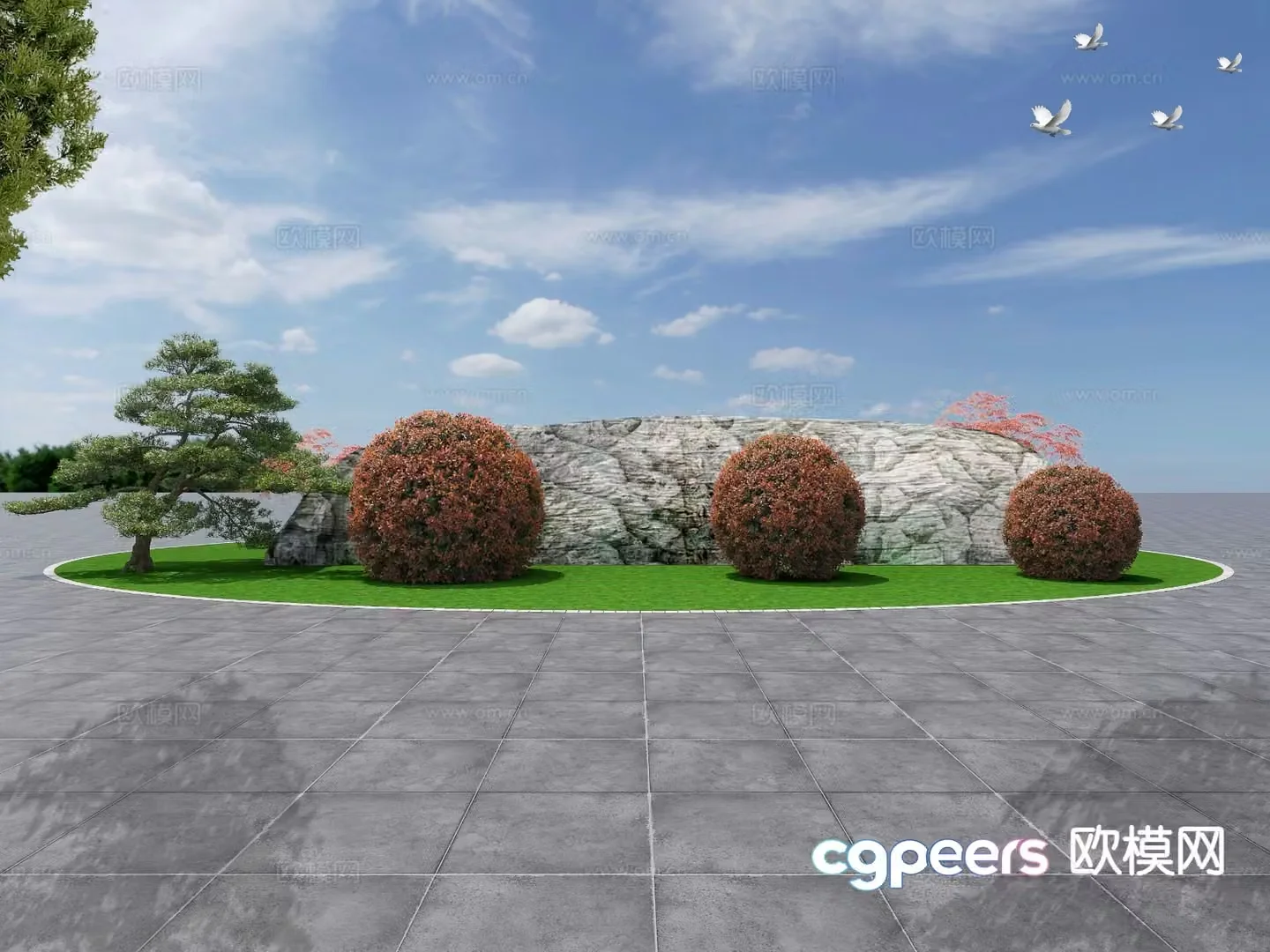 New Chinese style red leaf heather shape shrub landscape wall 3d model