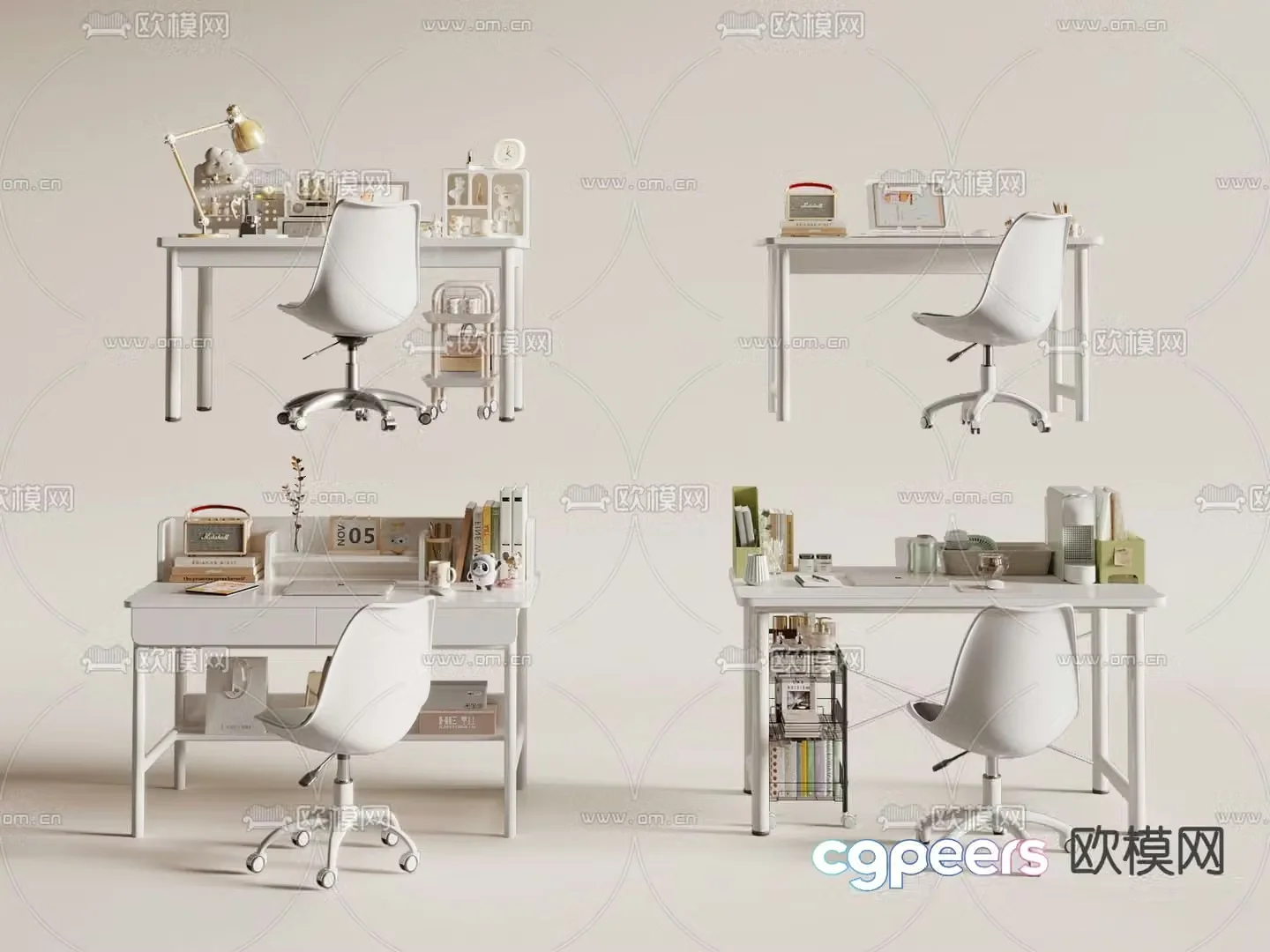 Cream style desk writing desk computer desk 3d model