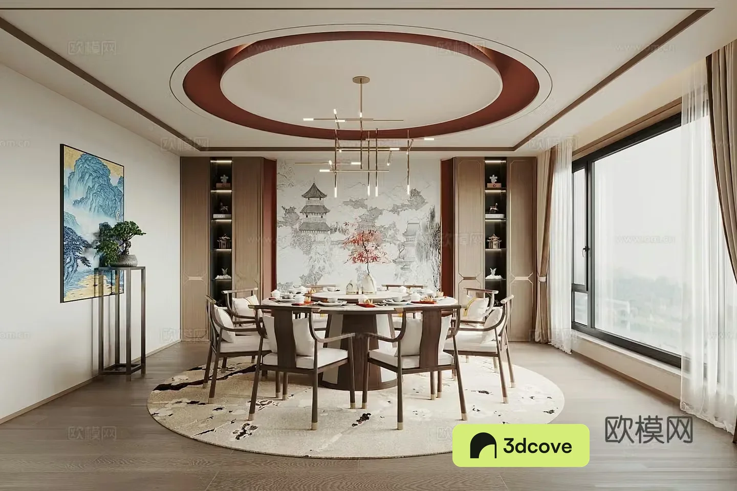 New Chinese restaurant private room background wall round dining table and chair hotel private room background wall