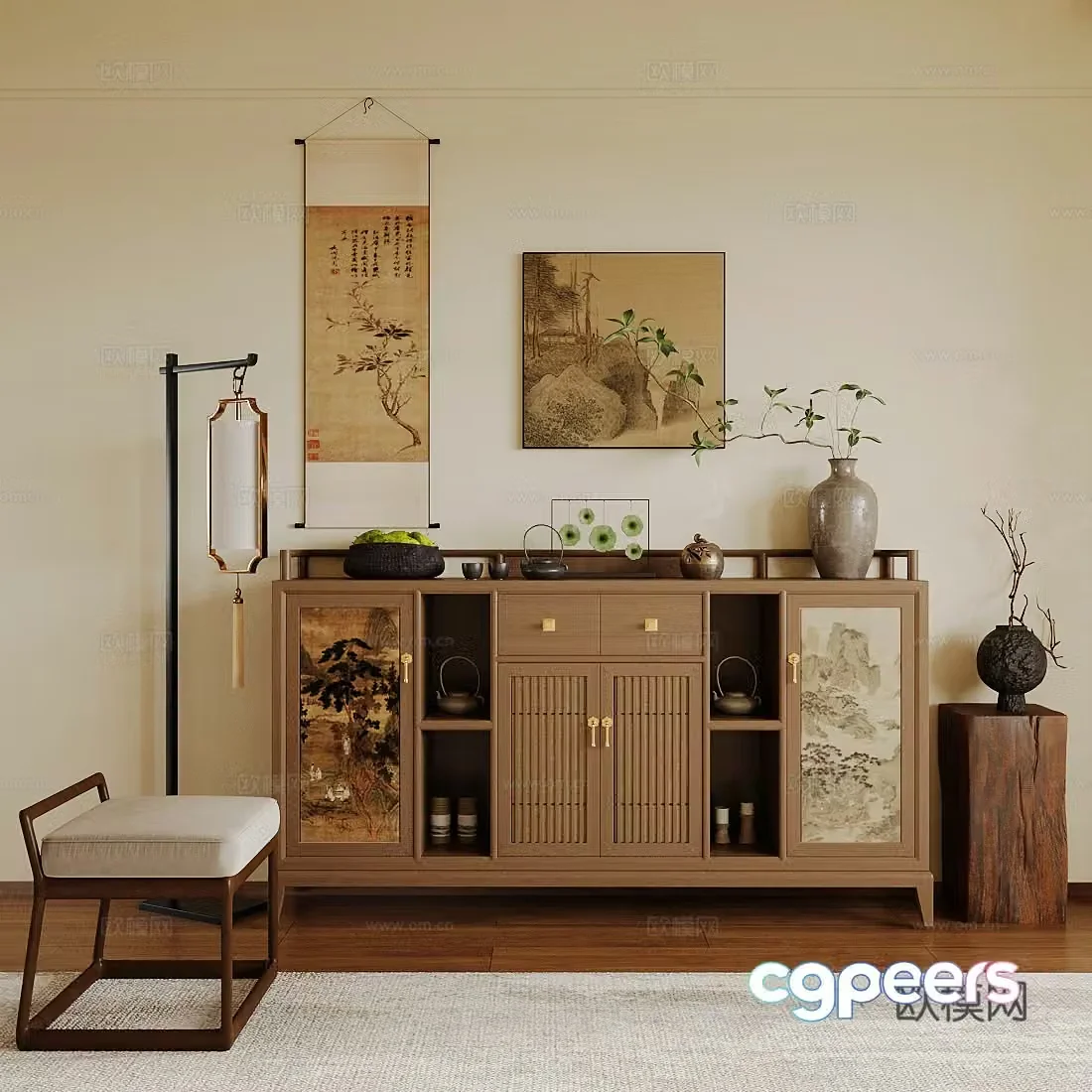 New Chinese Zen Entrance Cabinet New Chinese Zen Entrance Cabinet Duanjing Entrance Cabinet New Chinese Decoration Cabinet 3D Model