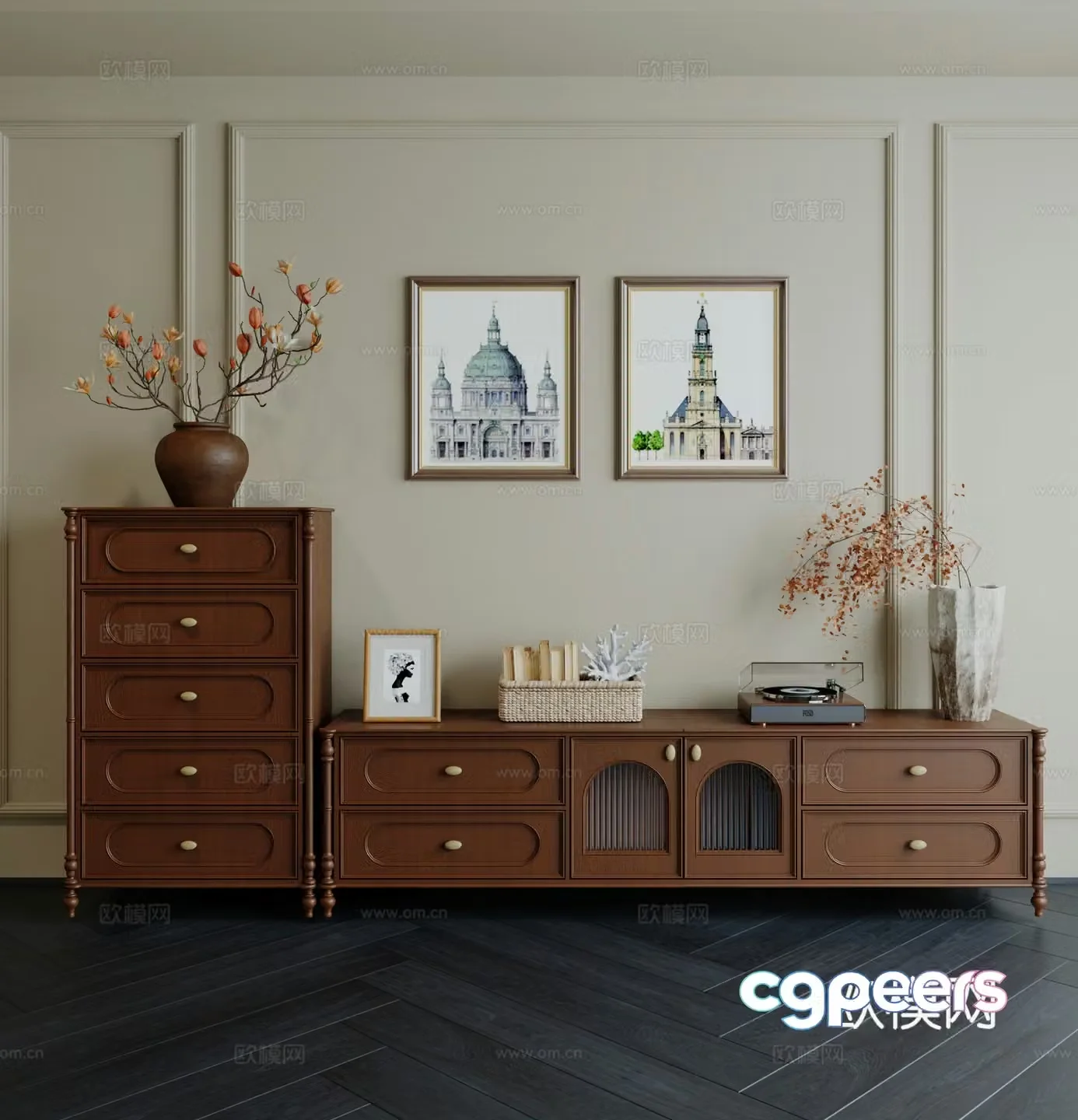 American TV cabinet American chest of drawers vases and floral ornaments accessories 3d model