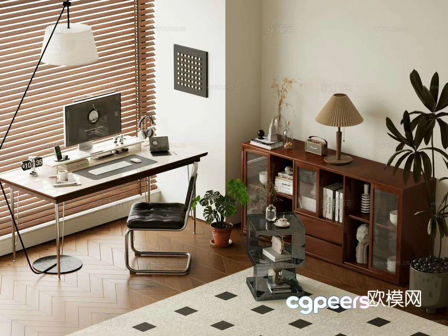 Middle-aged study decorative cabinet bookcase desk and chair combination floor lamp green plant ornament 3D model