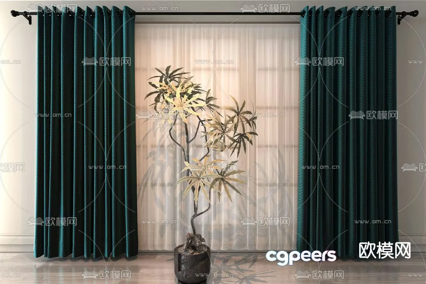 Royal blue green curtain gauze curtain 3d model